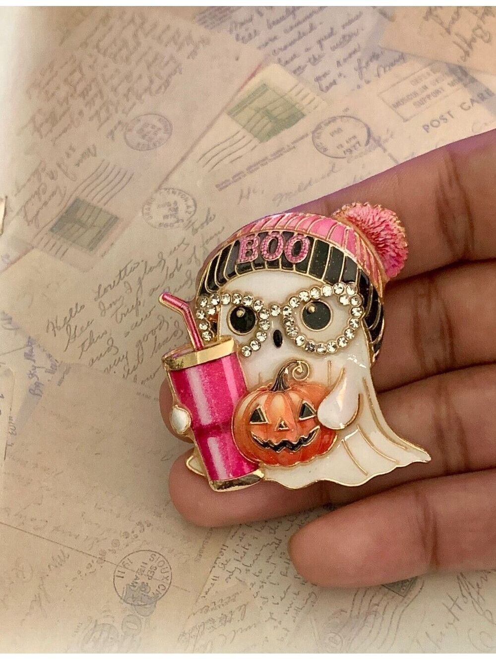 Cute Halloween Ghost Brooch with Pumpkin & Pink 'Boo' Beanie Hat Brooch - Picture 4 of 4